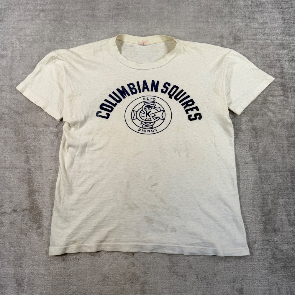 Vintage 1950s Champion Runningman Shirt Mens Large White Columbian Squires Crest